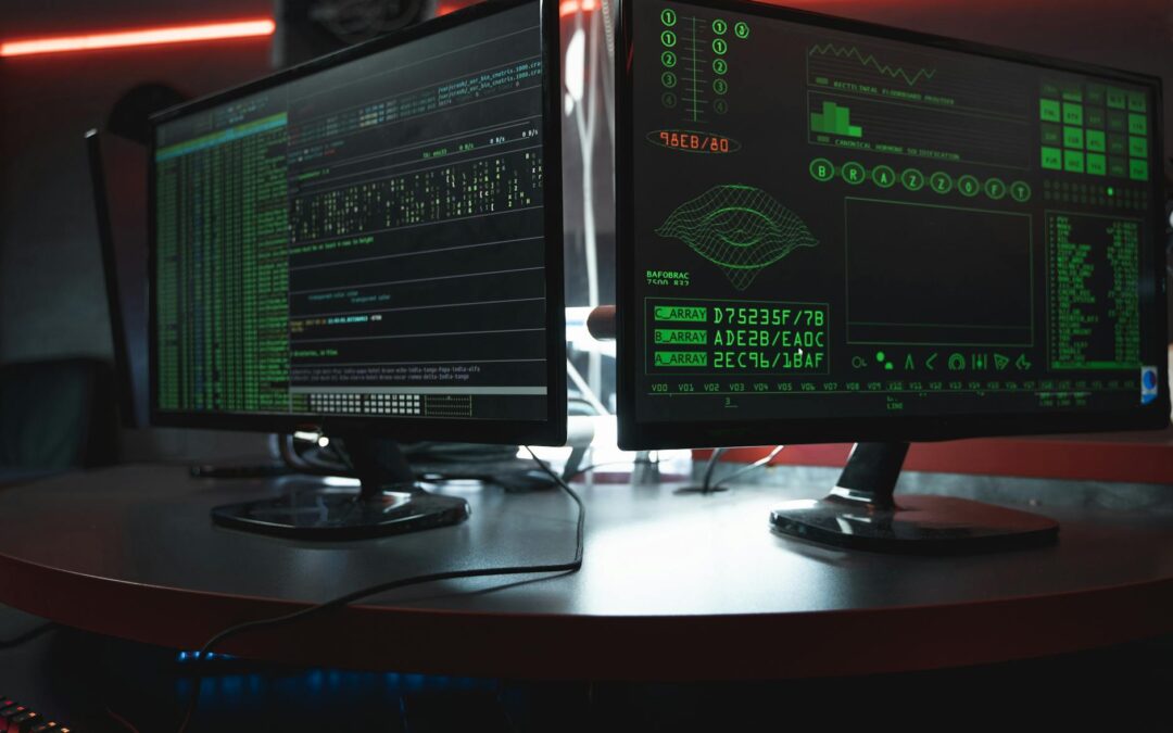 Dual computer screens with code and data displayed.