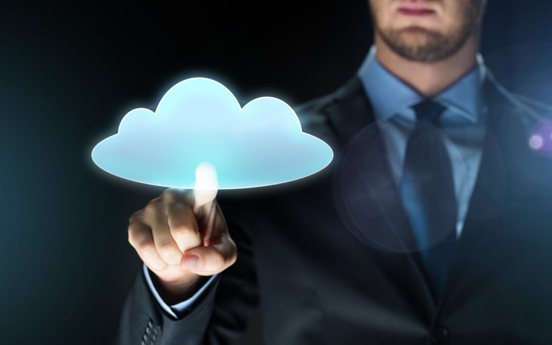 Businessman interacting with digital cloud hologram.